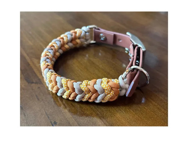 Handmade braided dog collar featuring mustard yellow, goldenrod, and light tan colors with a brown buckle and D-ring.