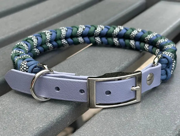 Handmade dog collar featuring a navy blue, emerald green, and silver diamond pattern, with a durable lavender buckle and D...