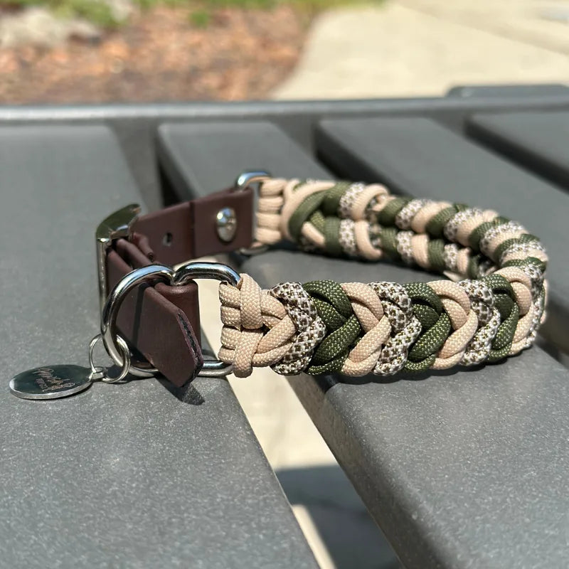 Handmade dog collar featuring a braided pattern in olive green, light tan, and coyote brown with a dark brown strap.