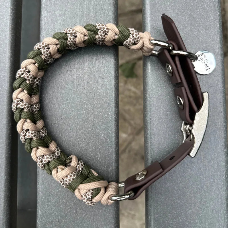 Hand-braided dog collar in olive, light tan, and coyote brown with a dark brown adjustable strap and nickel-plated buckle.