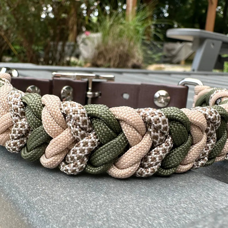 Hand-braided dog collar featuring olive green, light tan, and coyote brown in a unique diamond pattern with a dark brown s...
