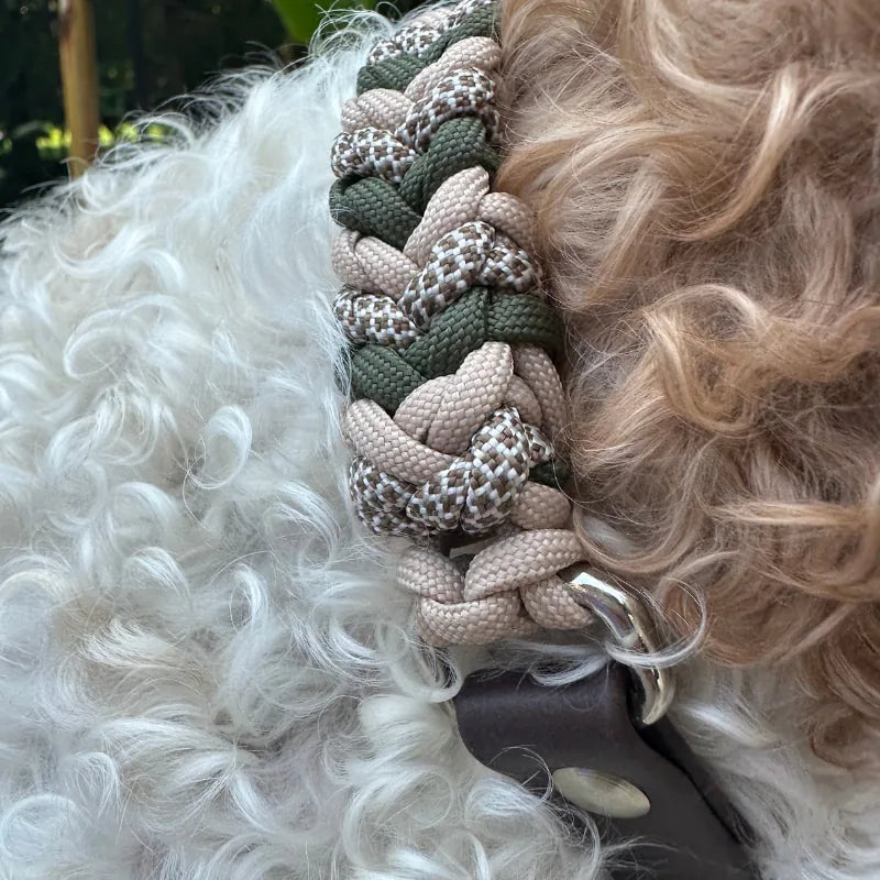 Handmade braided dog collar in olive, light tan, and coyote brown, featuring a sturdy D-ring and adjustable strap.