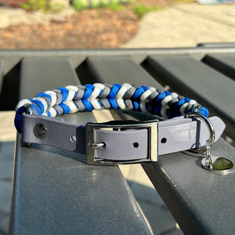 Handmade dog collar in royal blue, graphite, and white with a gray adjustable strap and nickel-plated buckle.