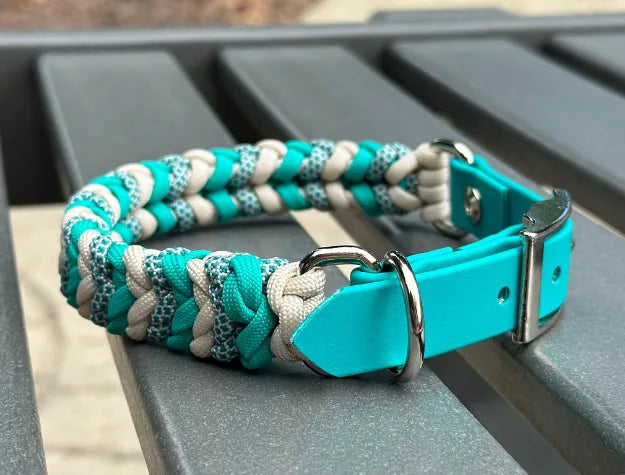 Braided dog collar in teal and cream with a sturdy D-ring and adjustable BioThane® adapter for a secure fit.
