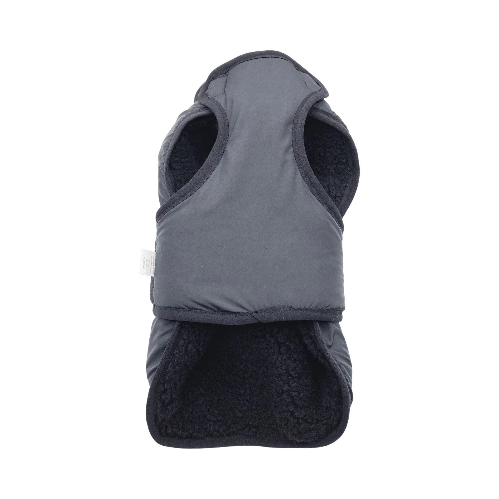 Reversible faux shearling vest in dark gray with soft inner lining, designed for a comfortable fit on dogs.