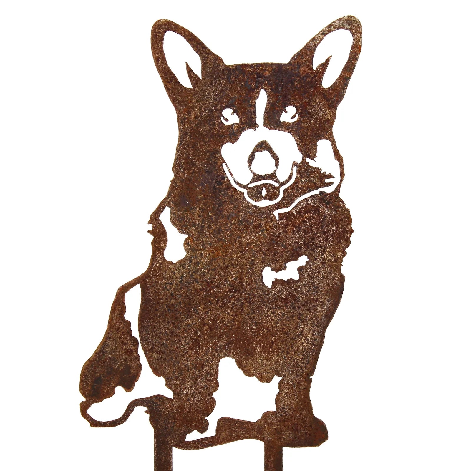 Rust-colored Corgi metal silhouette, crafted from weathering steel, perfect for garden decor and dog lovers.