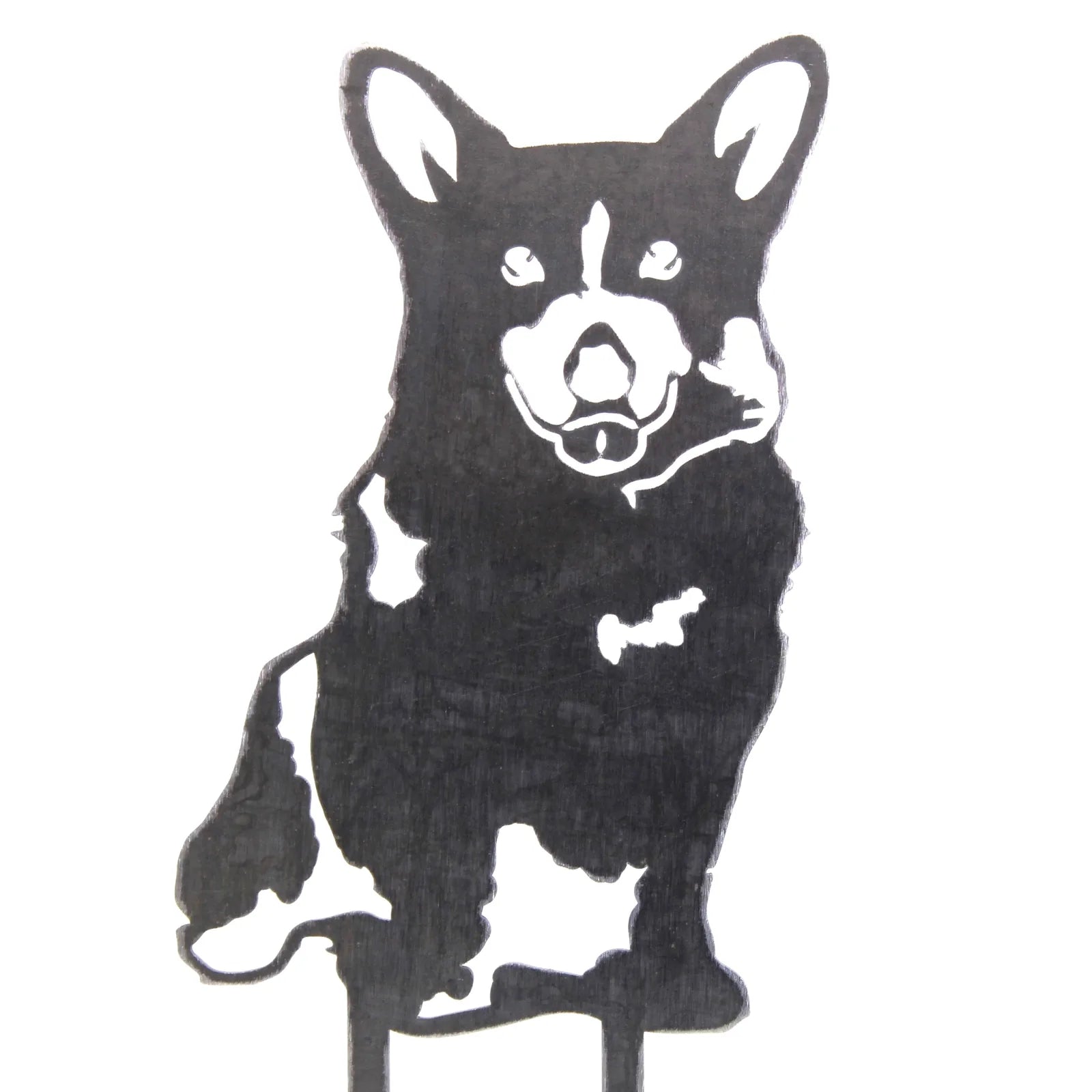 Black metal Corgi silhouette, handcrafted from sturdy steel, perfect for outdoor garden decor.