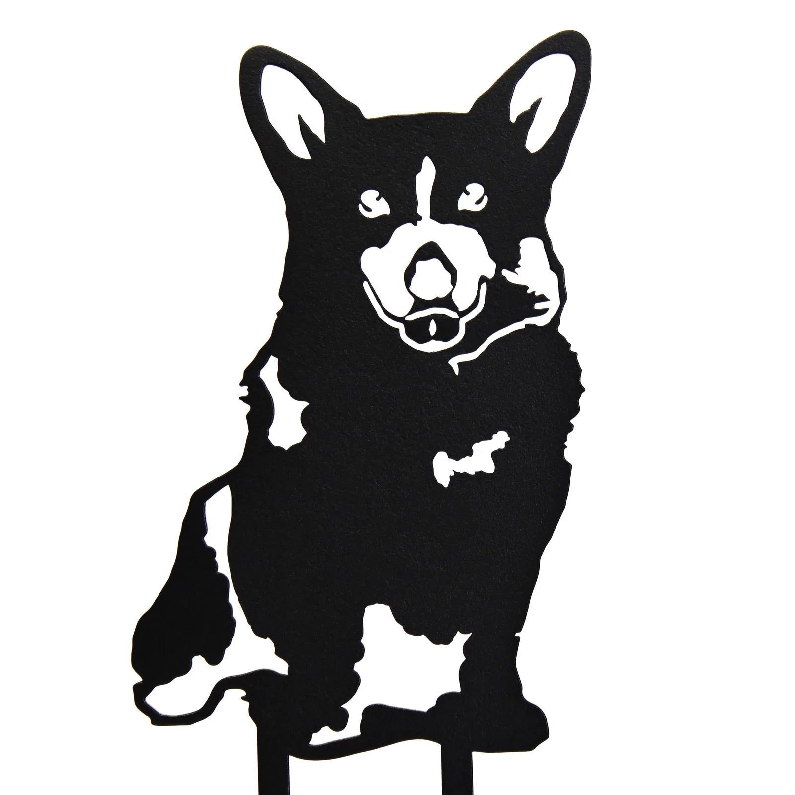 Black metal Corgi silhouette with detailed features, designed for outdoor decor and easy ground installation.