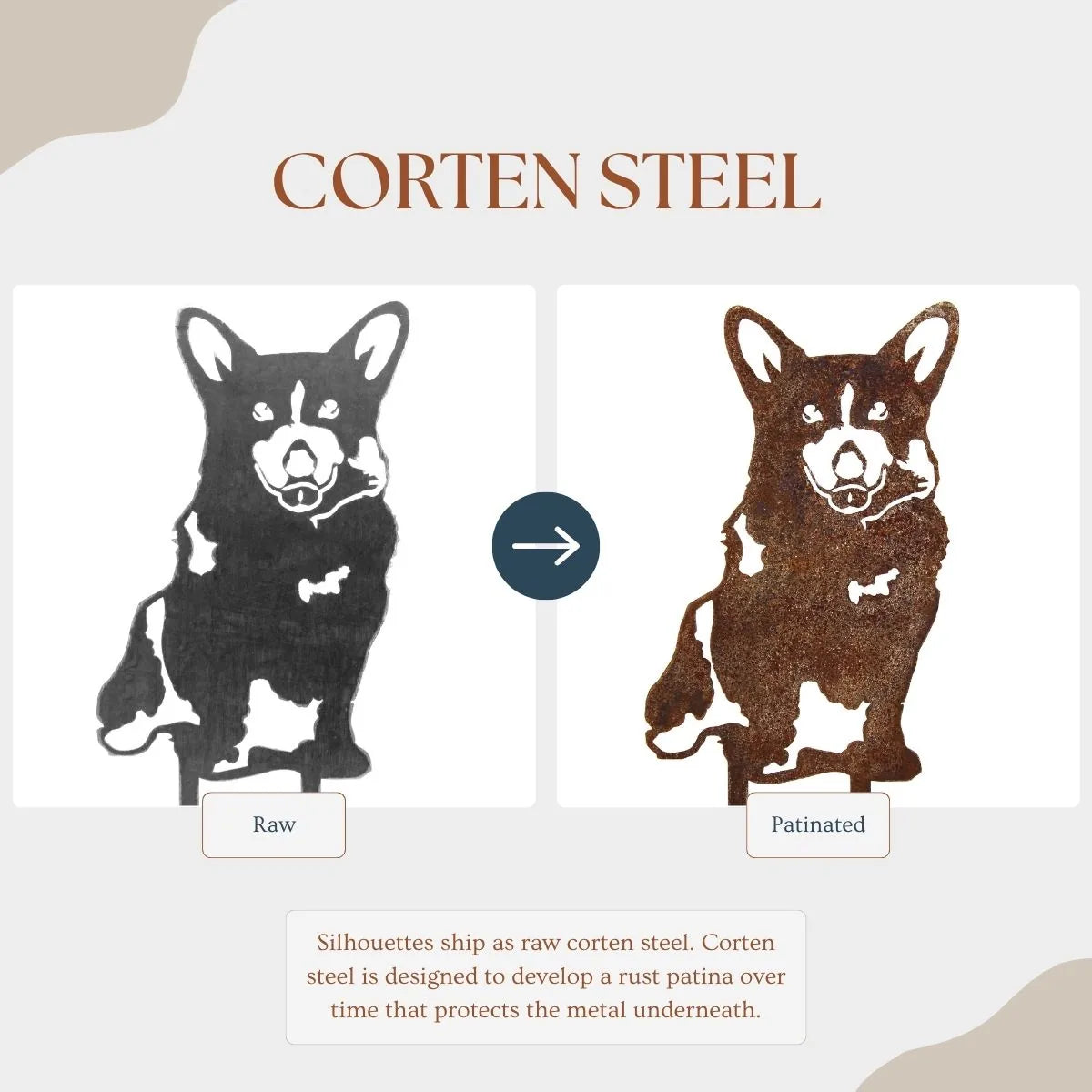 Corgi silhouette in raw and patinated Corten steel, showcasing the transition to a rusted finish. Perfect for garden decor.
