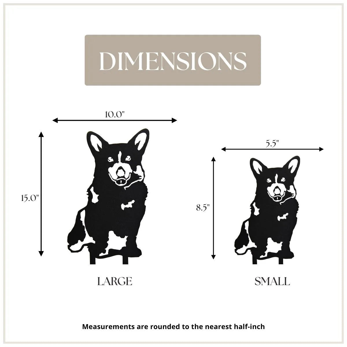 Corgi metal silhouette dimensions displayed, showcasing large (15") and small (8.5") sizes in black finish.