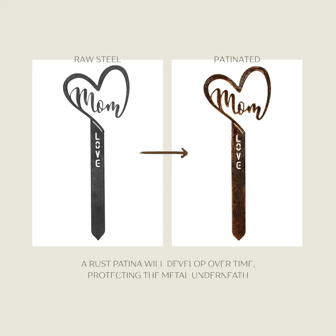 Corten steel garden stake featuring a heart design with "Mom" and "Love," showcasing raw and patinated finishes.
