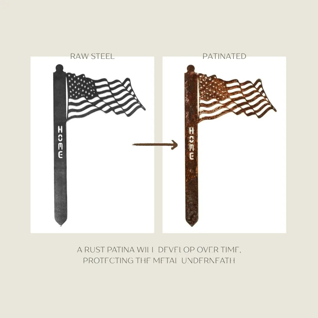 Corten steel garden stake showing waving US flag design, transitioning from polished to rusted patina finish.