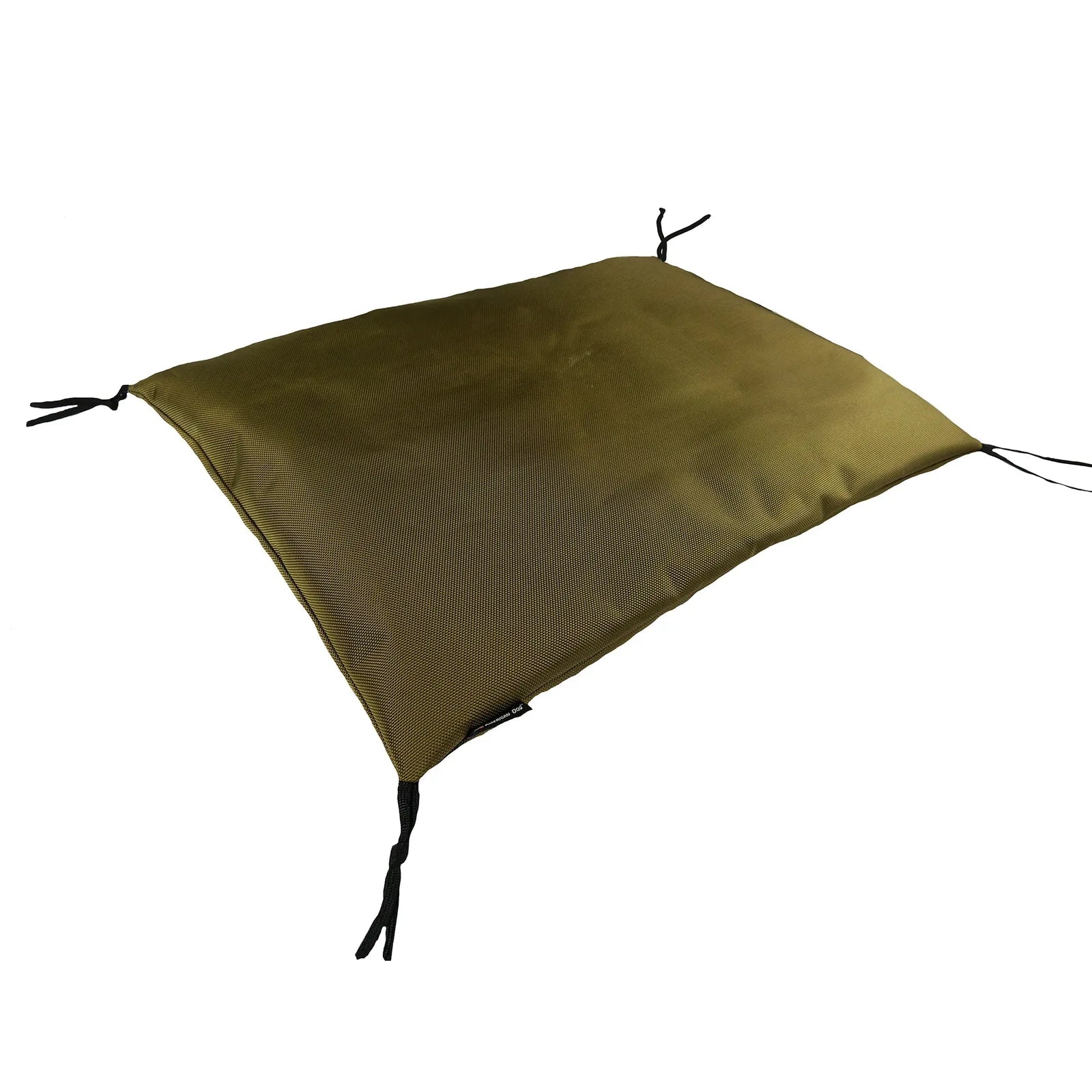 Durable olive green crate pad with black corner ties, designed for comfort and easy cleaning. Ideal for rough use.