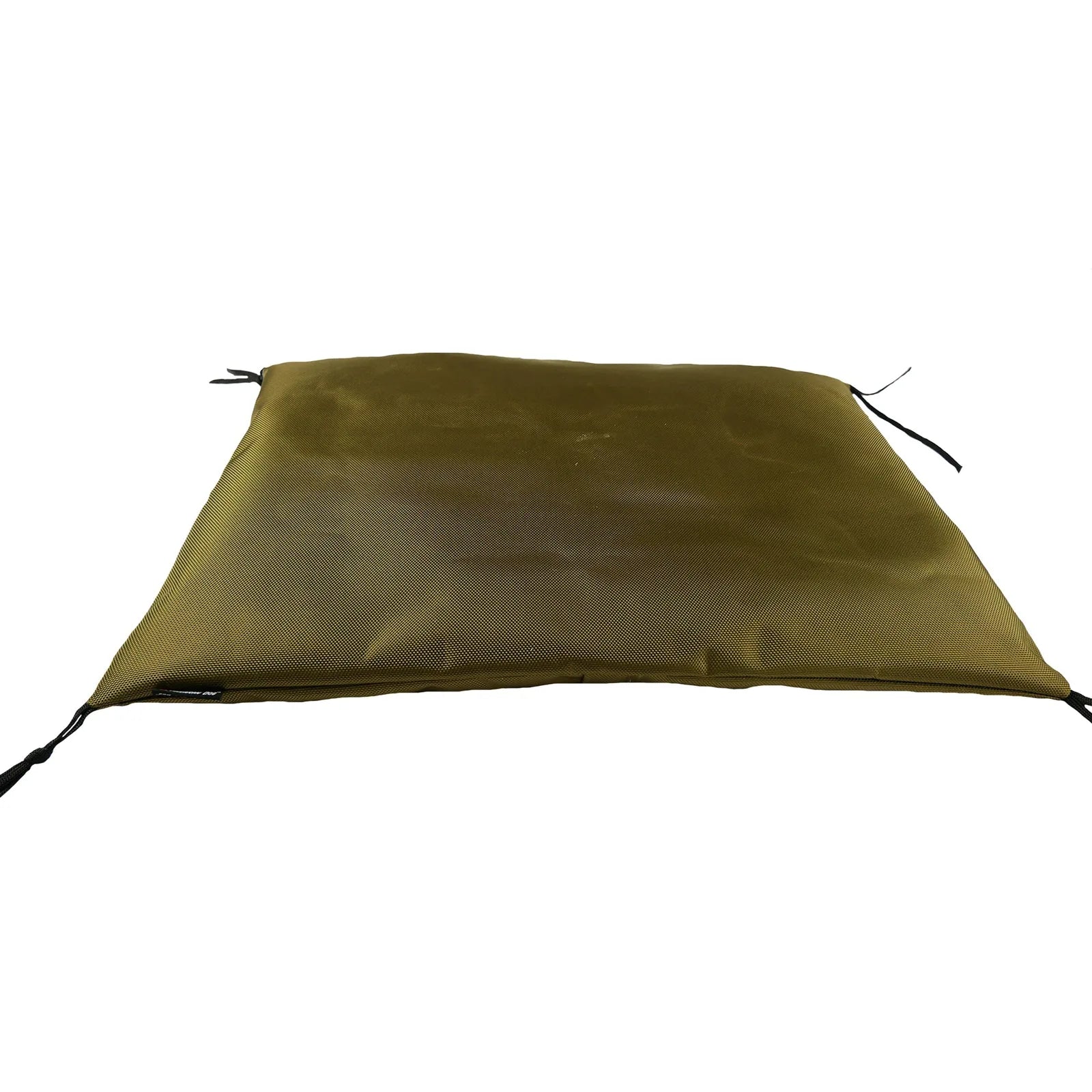 Durable olive crate pad with corner ties, designed for tough use by dogs, featuring a thick, comfortable structure.