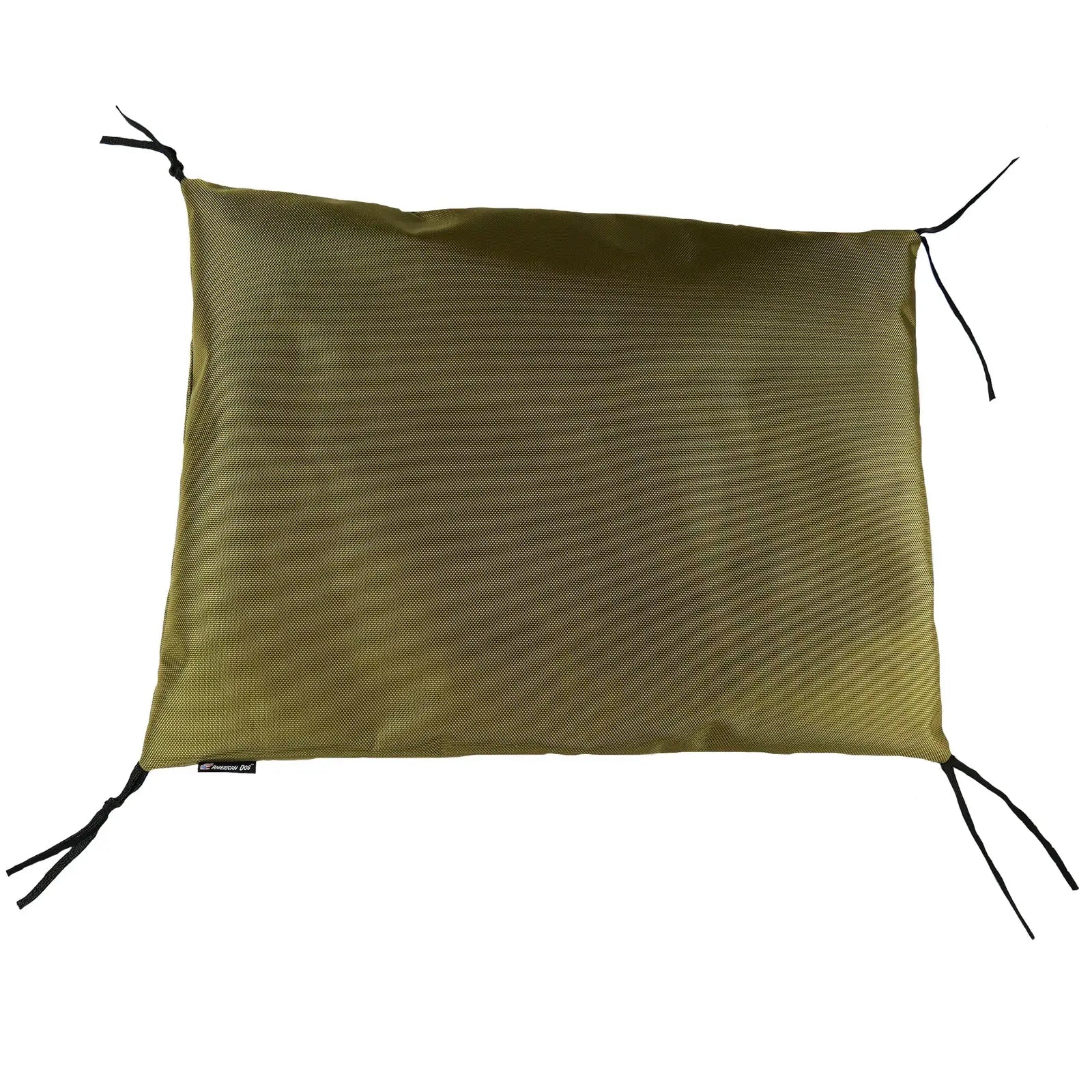 Durable olive green crate pad with ties, featuring a robust nylon cover designed for dogs that dig and chew.