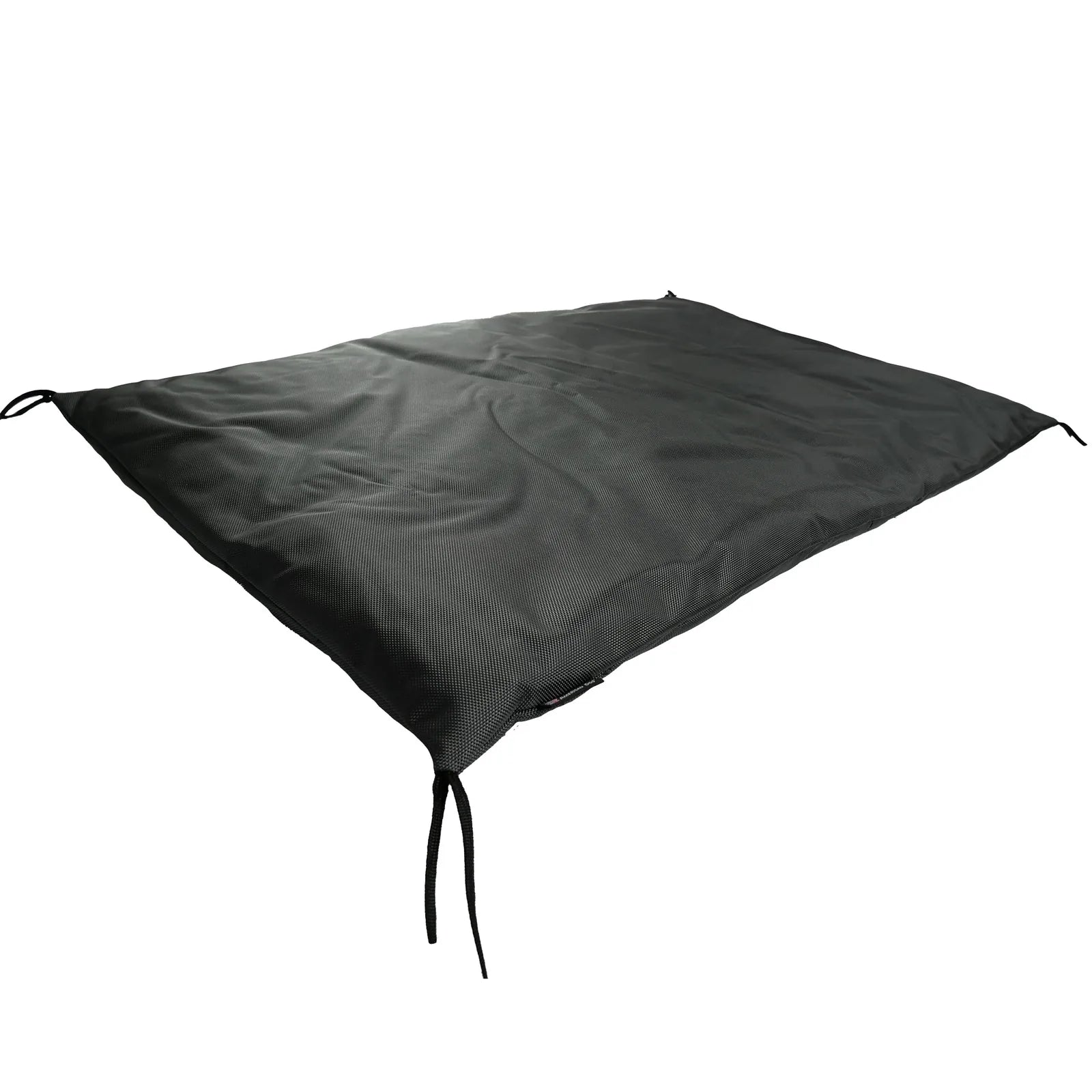 Durable black crate pad with a smooth texture, featuring corner ties for secure placement inside a dog crate.