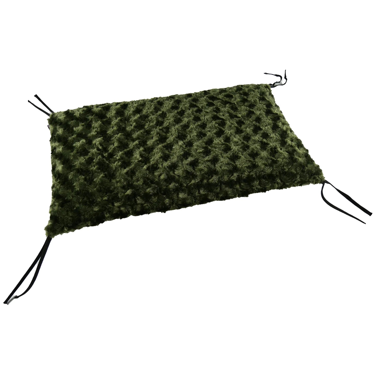 Soft olive green crate pad with textured Minky Fleece top and corner ties, designed for durability and comfort.