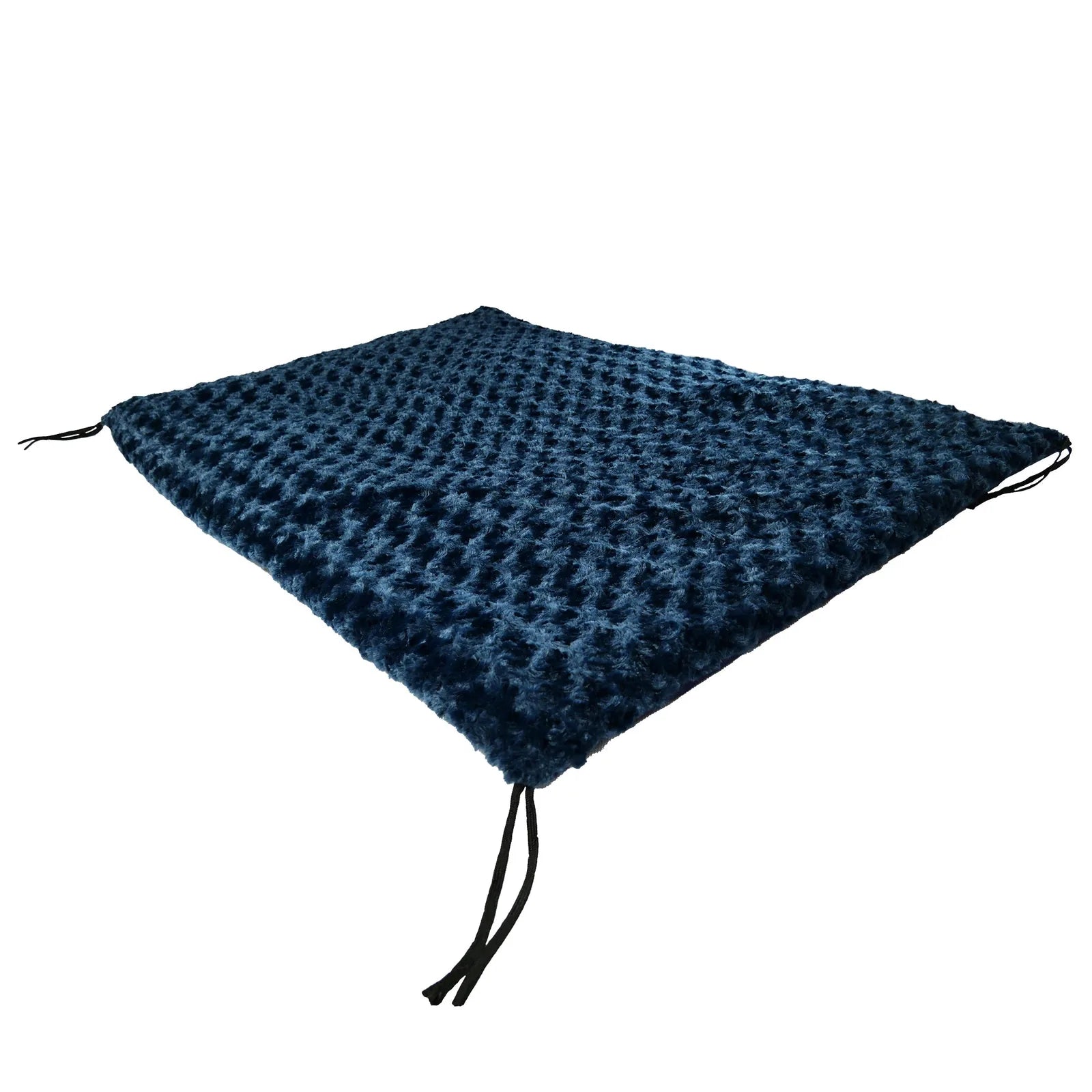 Soft midnight blue Furvana™ crate pad with texture, corner ties, and durable backing for comfort and support.