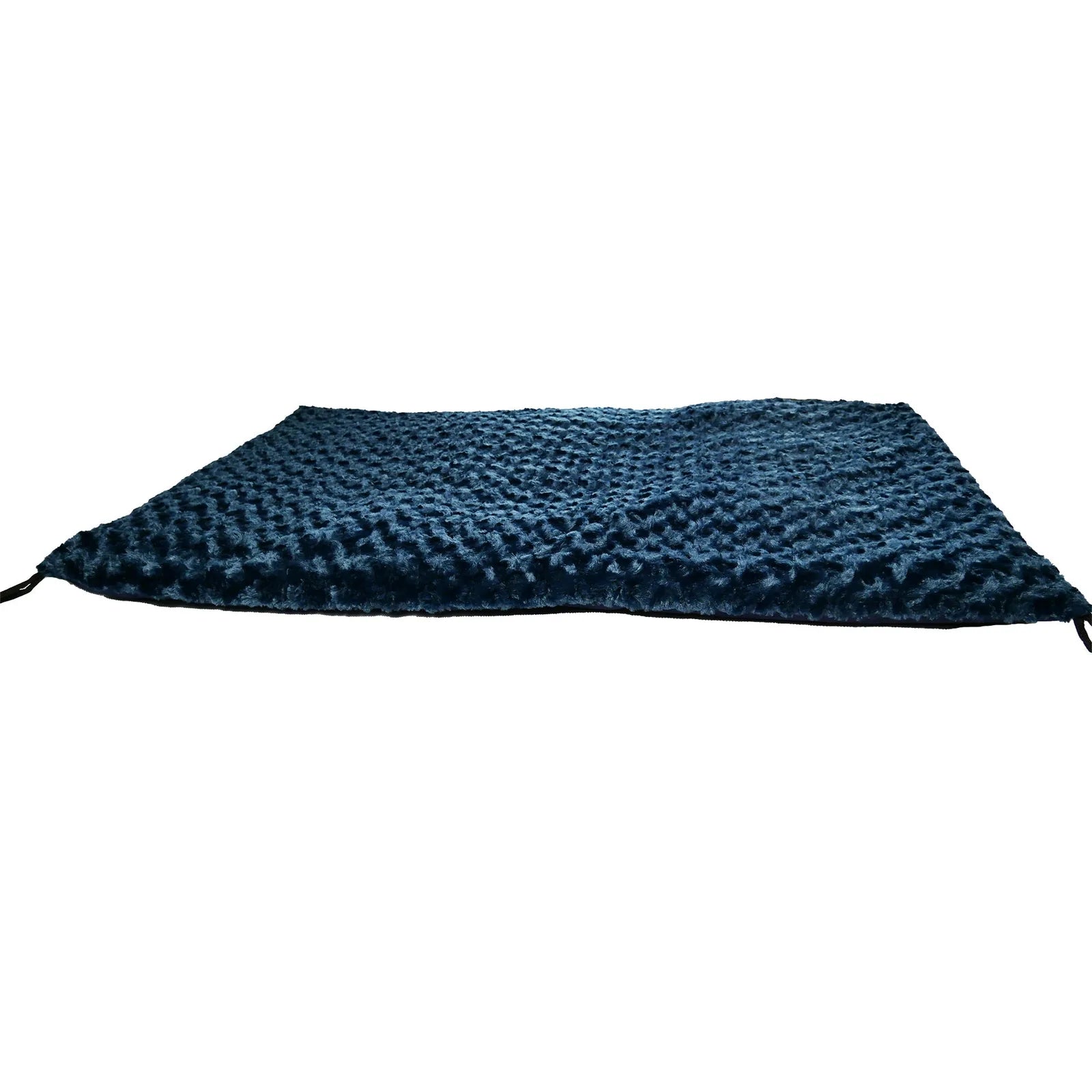 Soft navy blue Furvana™ crate pad with a textured Minky Fleece top and corner ties for easy securing in crates.