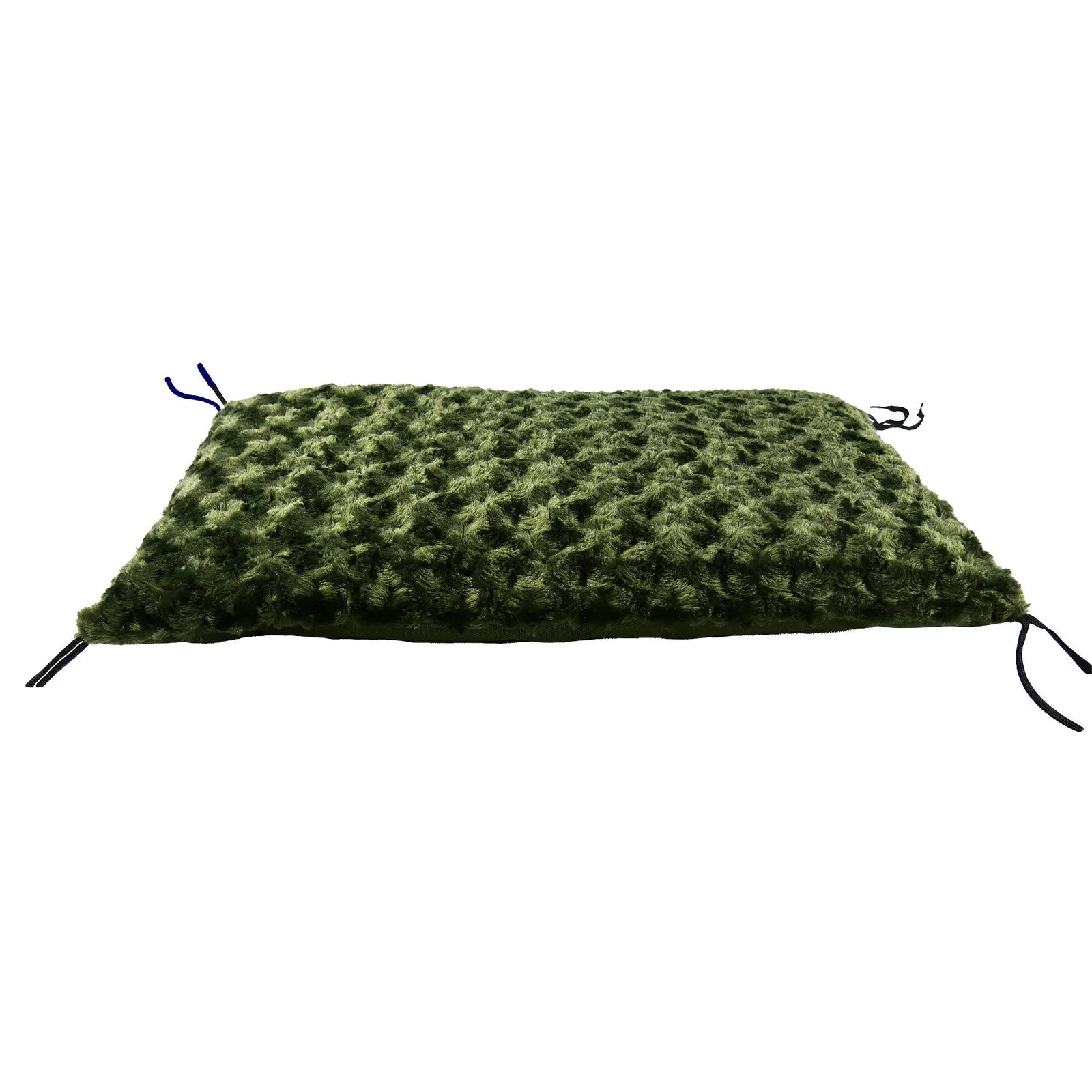 Cozy olive green Furvana™ crate pad with a soft Minky Fleece top and corner ties for secure placement.