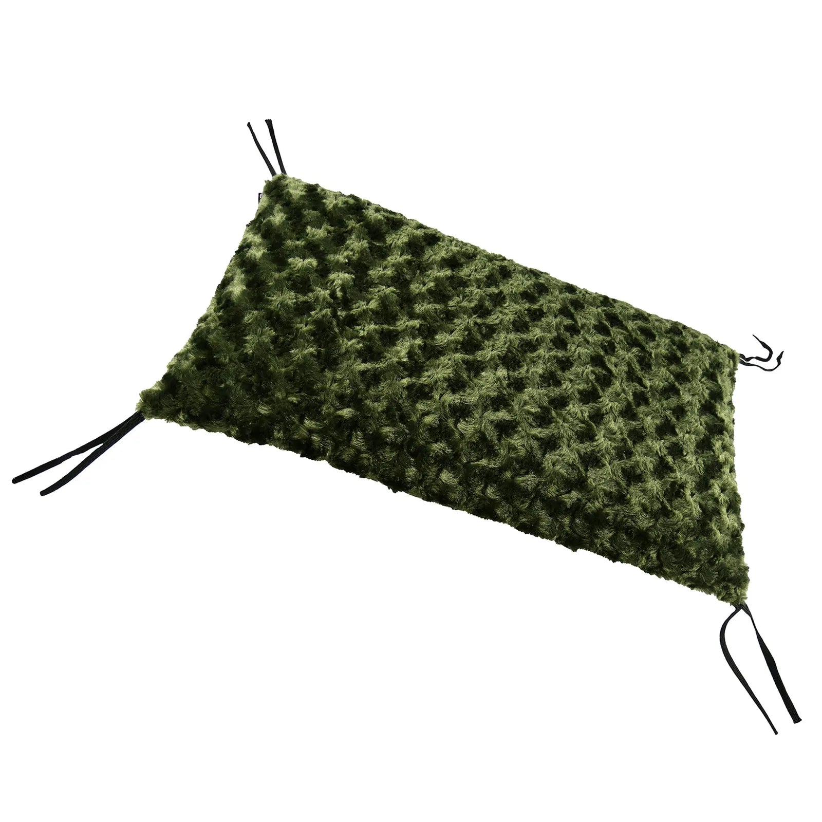 Soft olive green crate pad with textured surface and black corner ties, designed for dog comfort and durability.