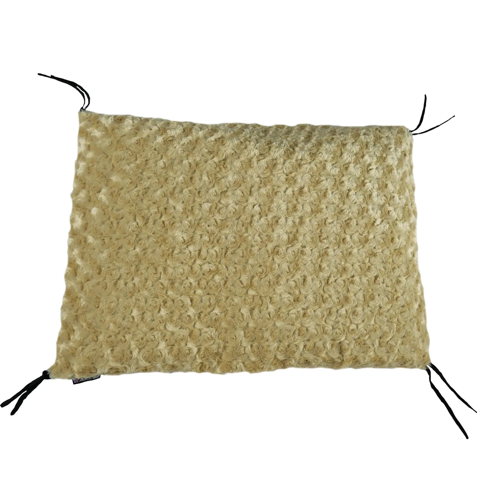 Soft camel-colored Furvana™ crate pad with a textured surface and corner ties for secure fitting inside dog crates.