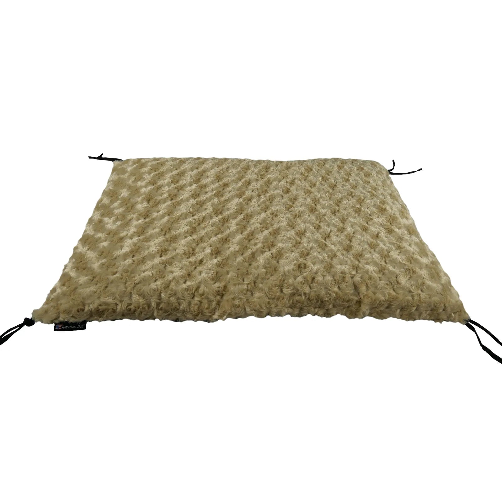 Soft beige crate pad with a textured fur-like surface and black corner ties, designed for dog comfort and durability.