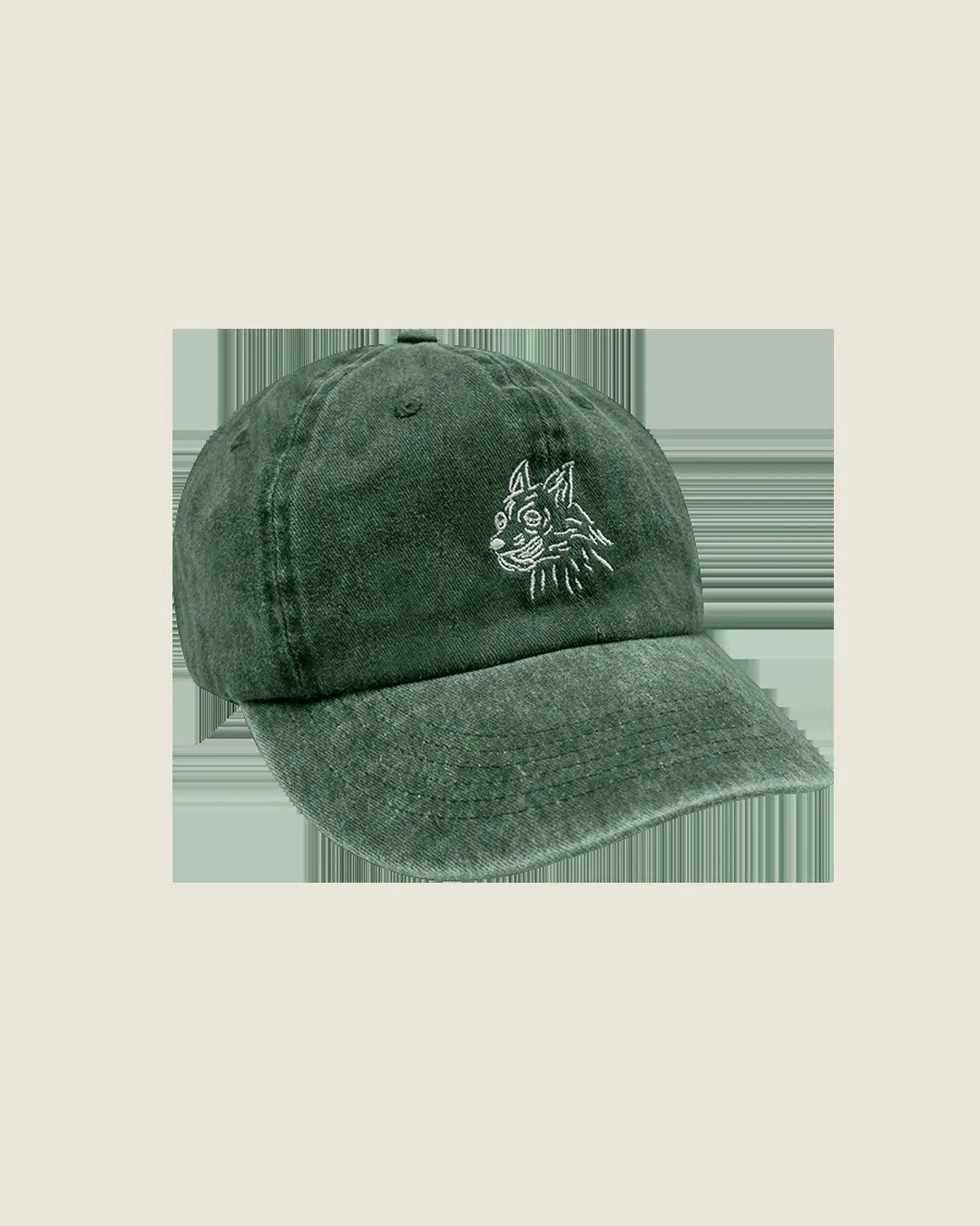 Faded Ivy green cap with flat brim and dog illustration, made from 100% reclaimed cotton for dog lovers.