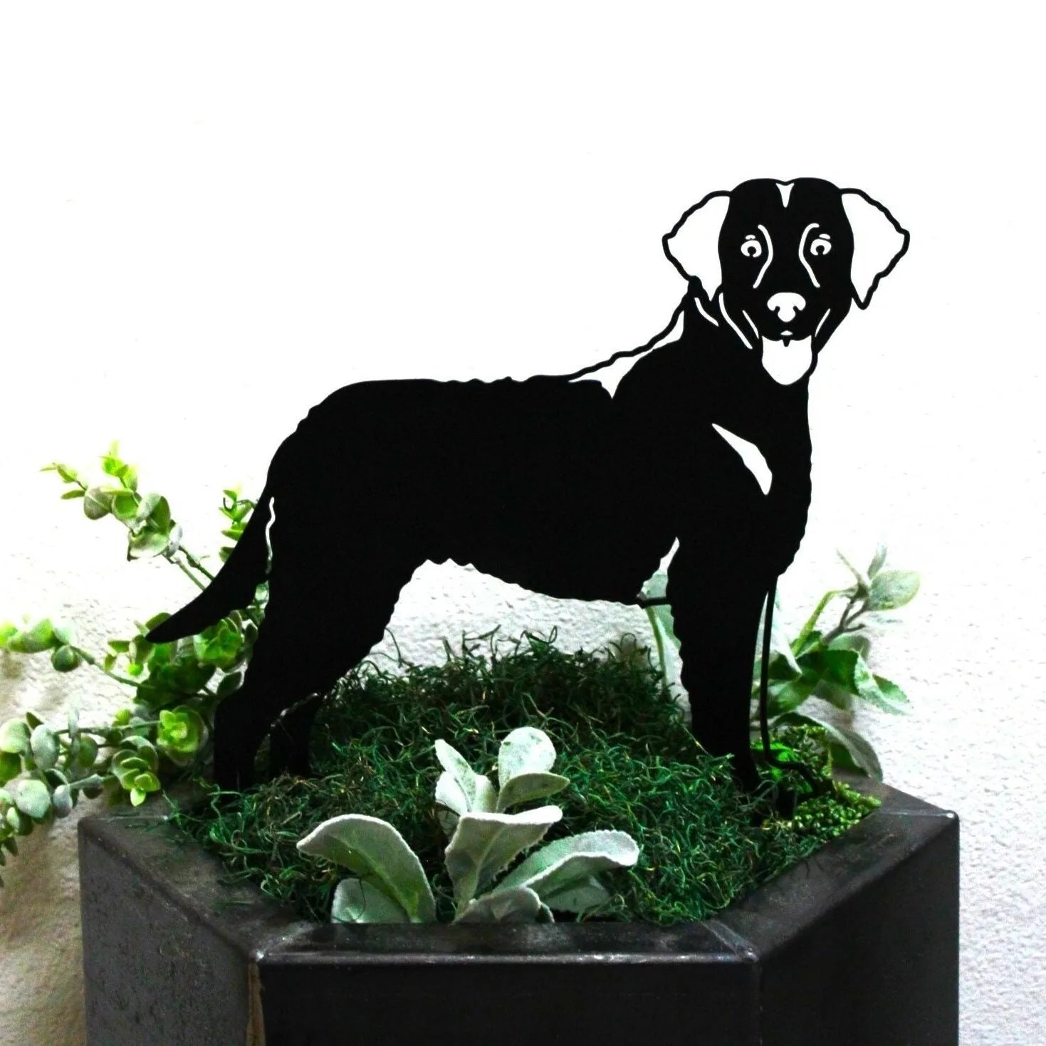 Curly Coated Retriever metal silhouette in matte black, showcased in a planter with greenery.