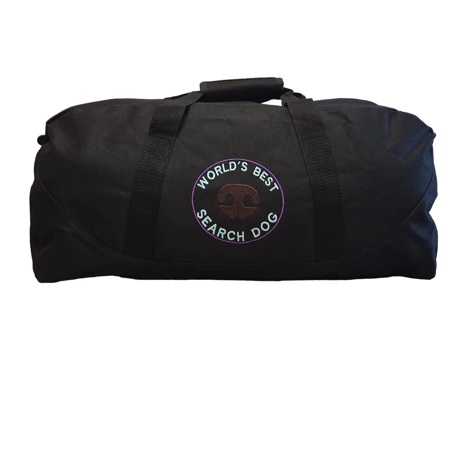 Custom embroidered black duffel bag with "World's Best Search Dog" design, featuring sturdy handles and eco-friendly fabric.