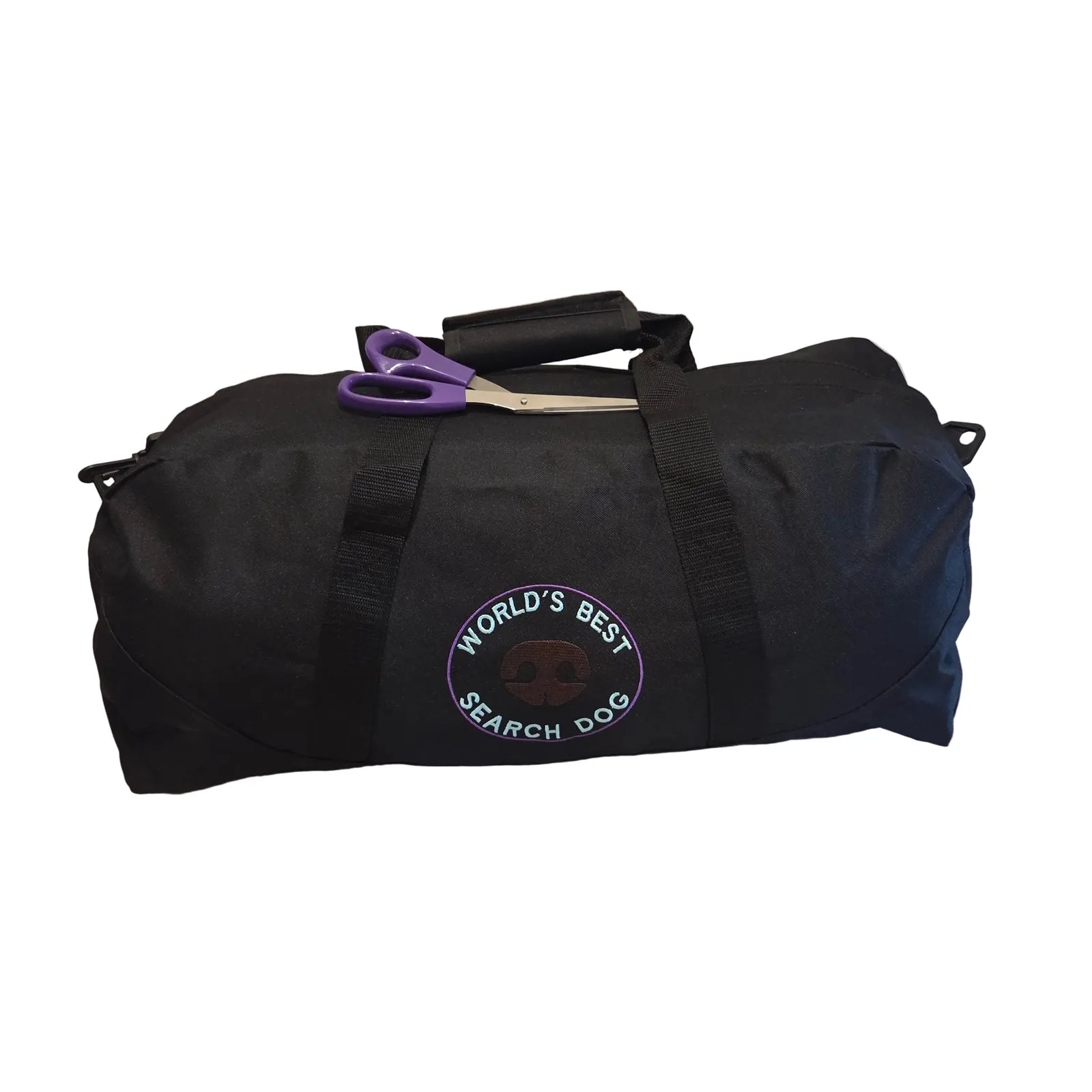 Custom embroidered black duffel bag features "World's Best Search Dog" emblem with purple accent and scissors on top.