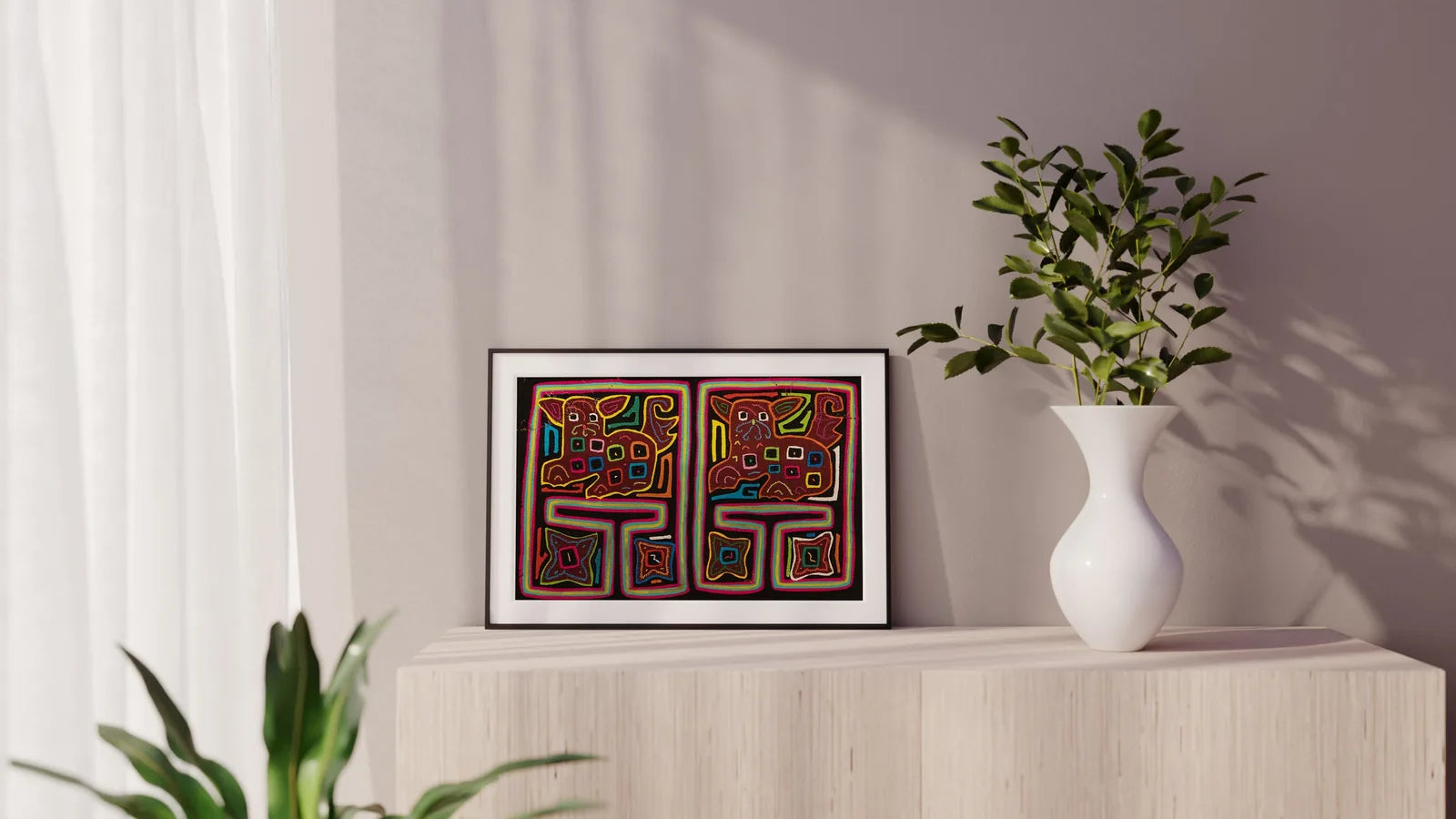 Hand-stitched decorative tapestry featuring a colorful puppy motif on a black background, showcasing traditional Guna art.