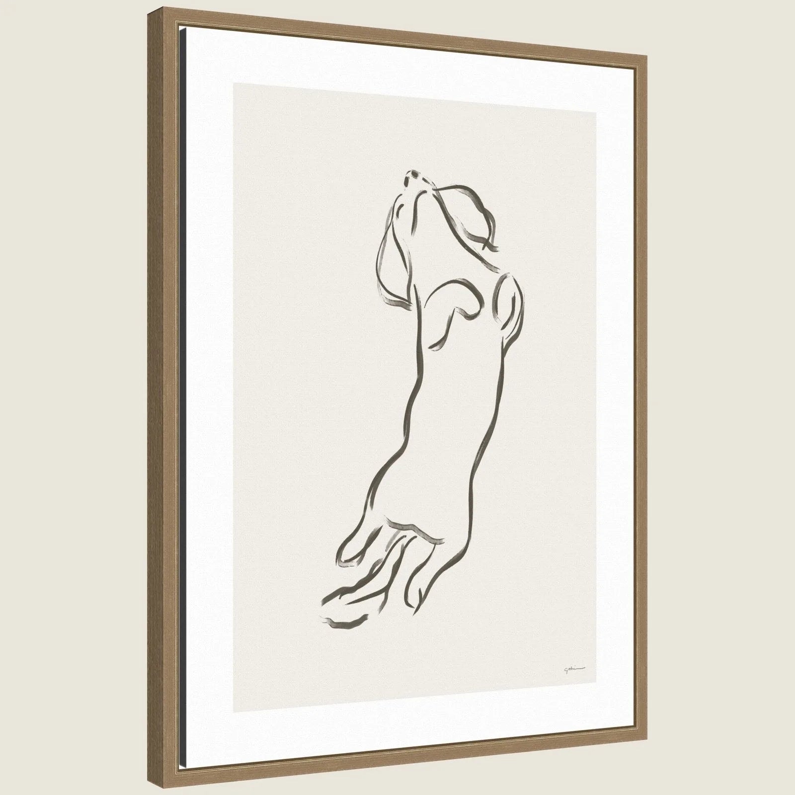 Framed canvas art featuring a minimalist Dachshund design by Gabrielly Guedes in a walnut brown Sylvie frame.