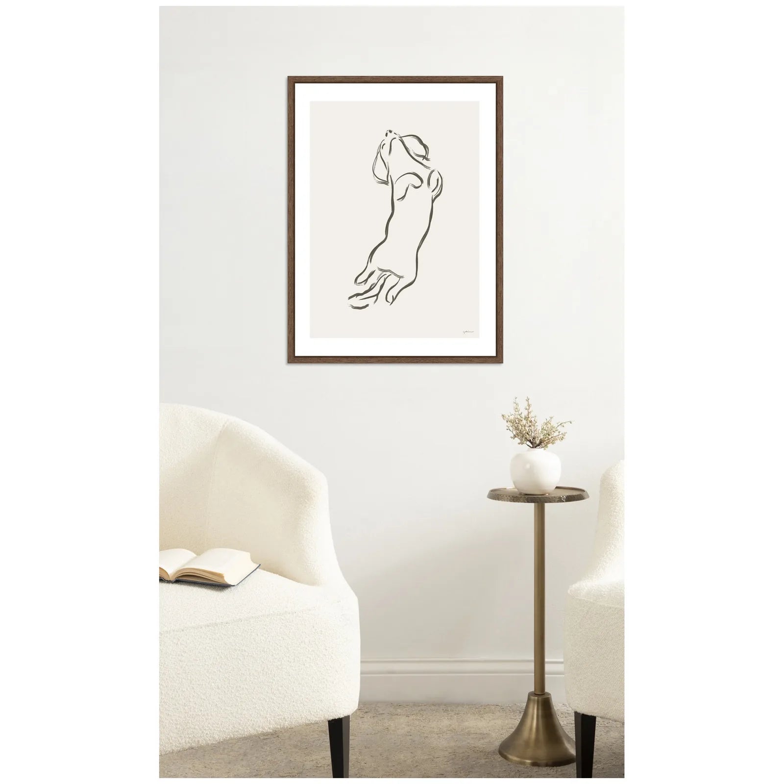 Framed canvas art featuring a minimalist Dachshund design by Gabrielly Guedes, set in a walnut brown frame.