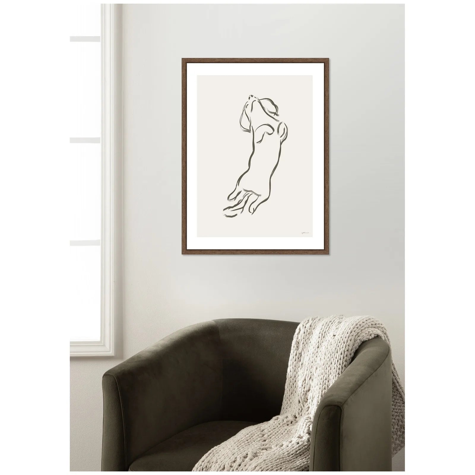Framed canvas art of a Dachshund dog in earthy tones, set in a walnut brown frame, showcasing minimalist design.