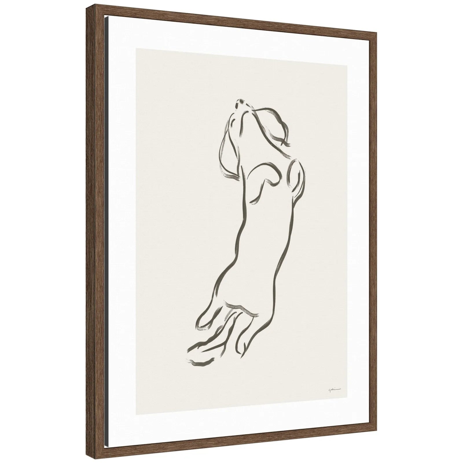 Framed canvas wall art of a Dachshund's silhouette in earthy tones, set in a walnut brown frame.