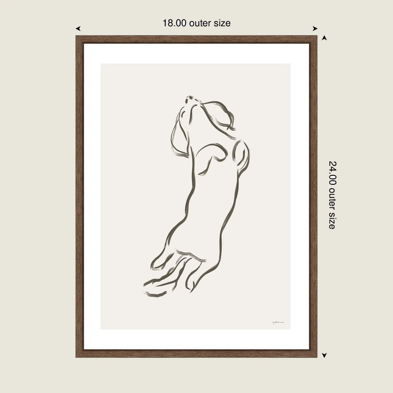 Framed canvas art of a Dachshund dog illustration in soft gray tones, set in a walnut brown frame.