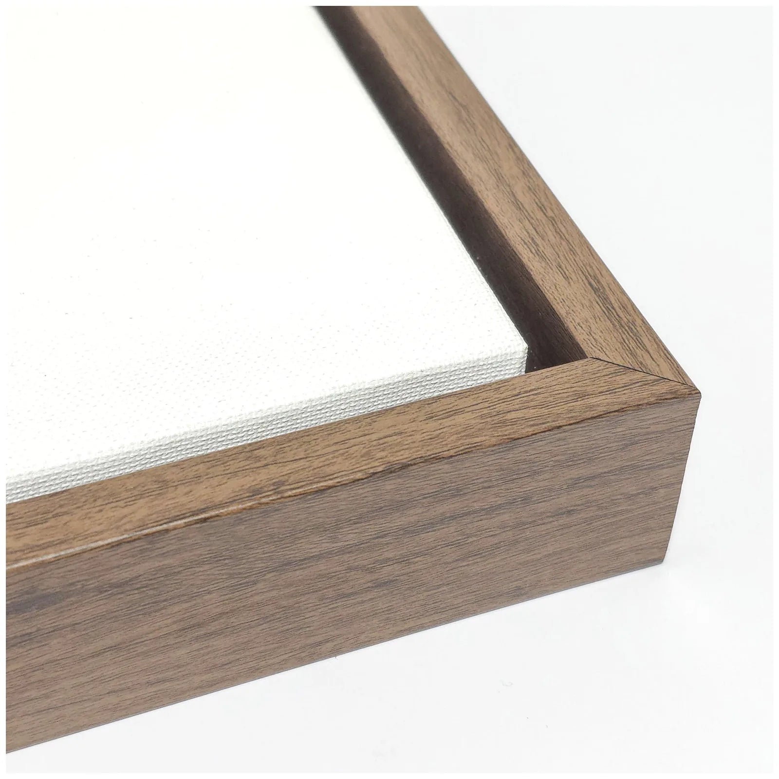 Walnut brown framed edge of a canvas print, showcasing quality craftsmanship and ready-to-hang design.