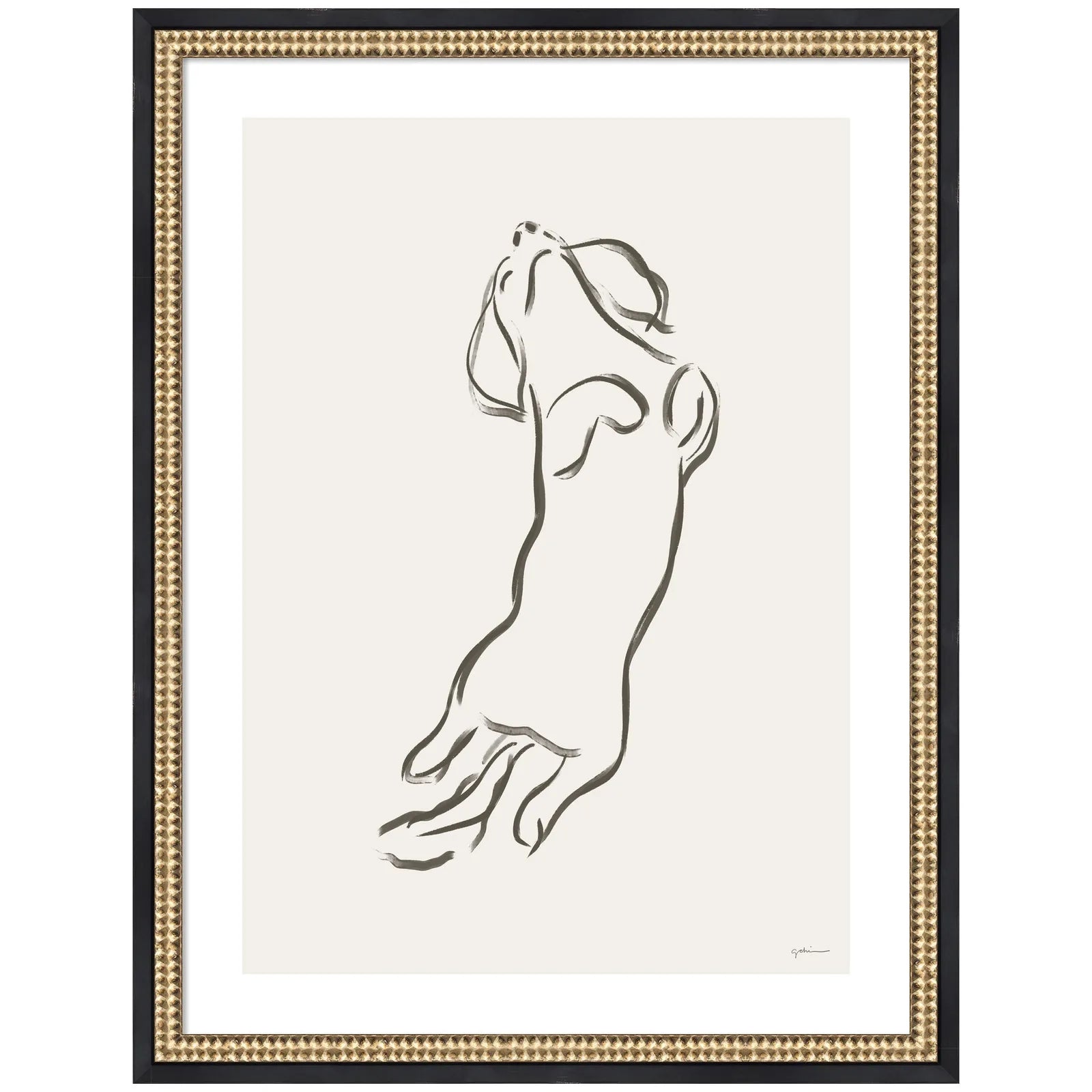 Framed wall art of a Dachshund dog in minimalist line design, set in a black and gold moulding frame.