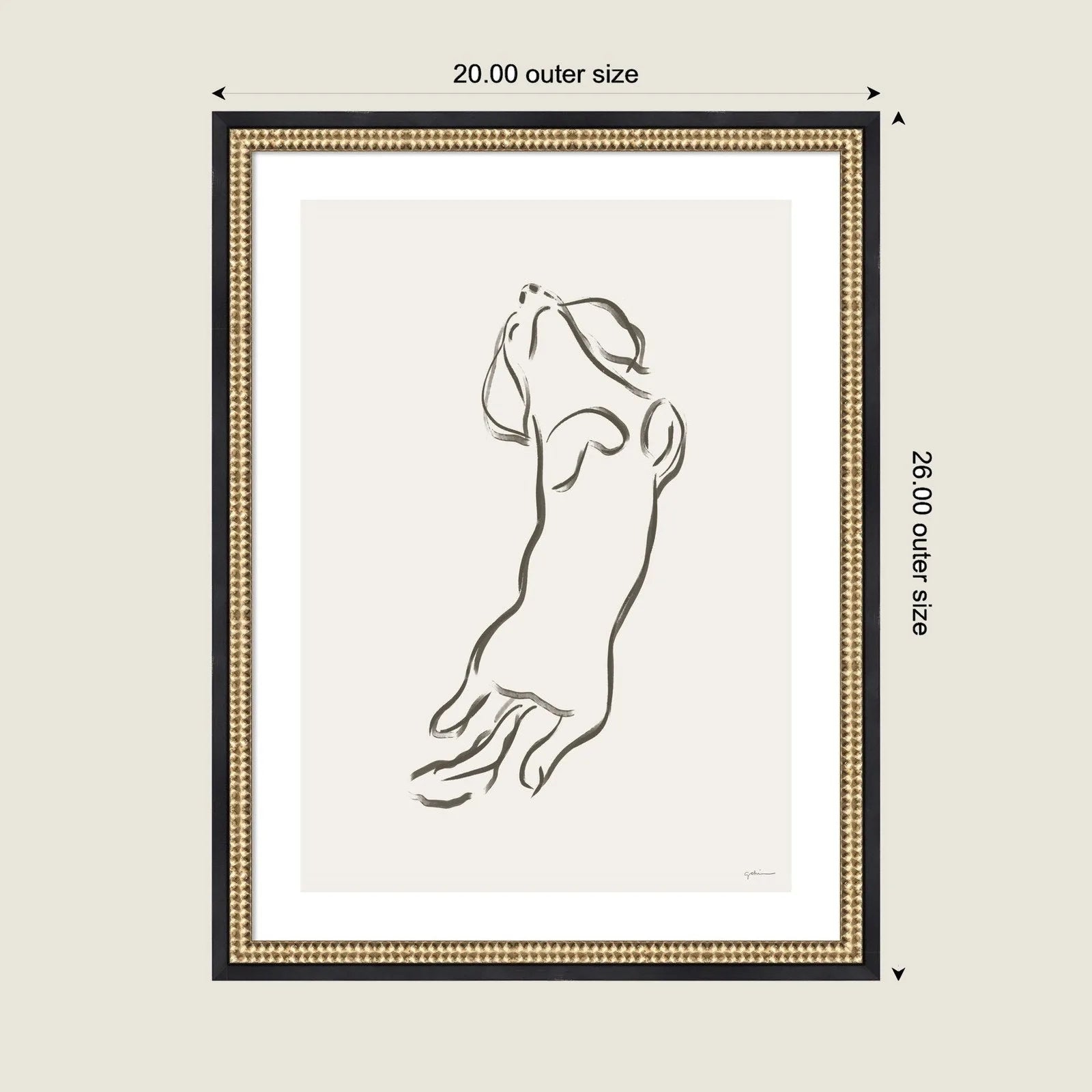 Dachshund dog line art in a Castellan Black frame with gold accents, perfect for stylish wall decor.