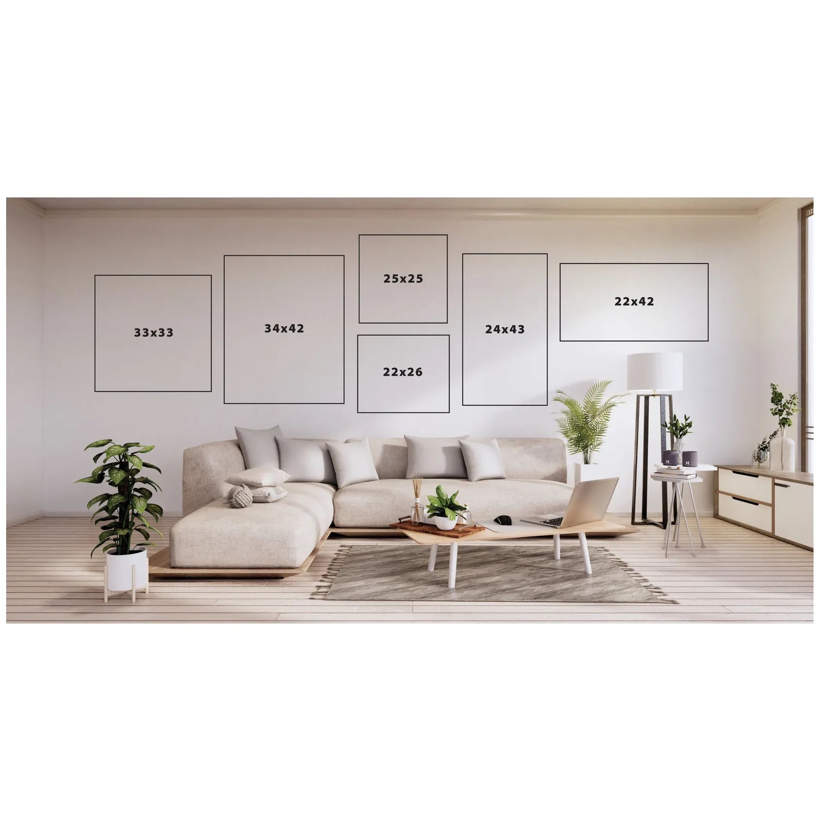 Framed wall art in a modern living room layout, featuring measurements for various art sizes on the wall.