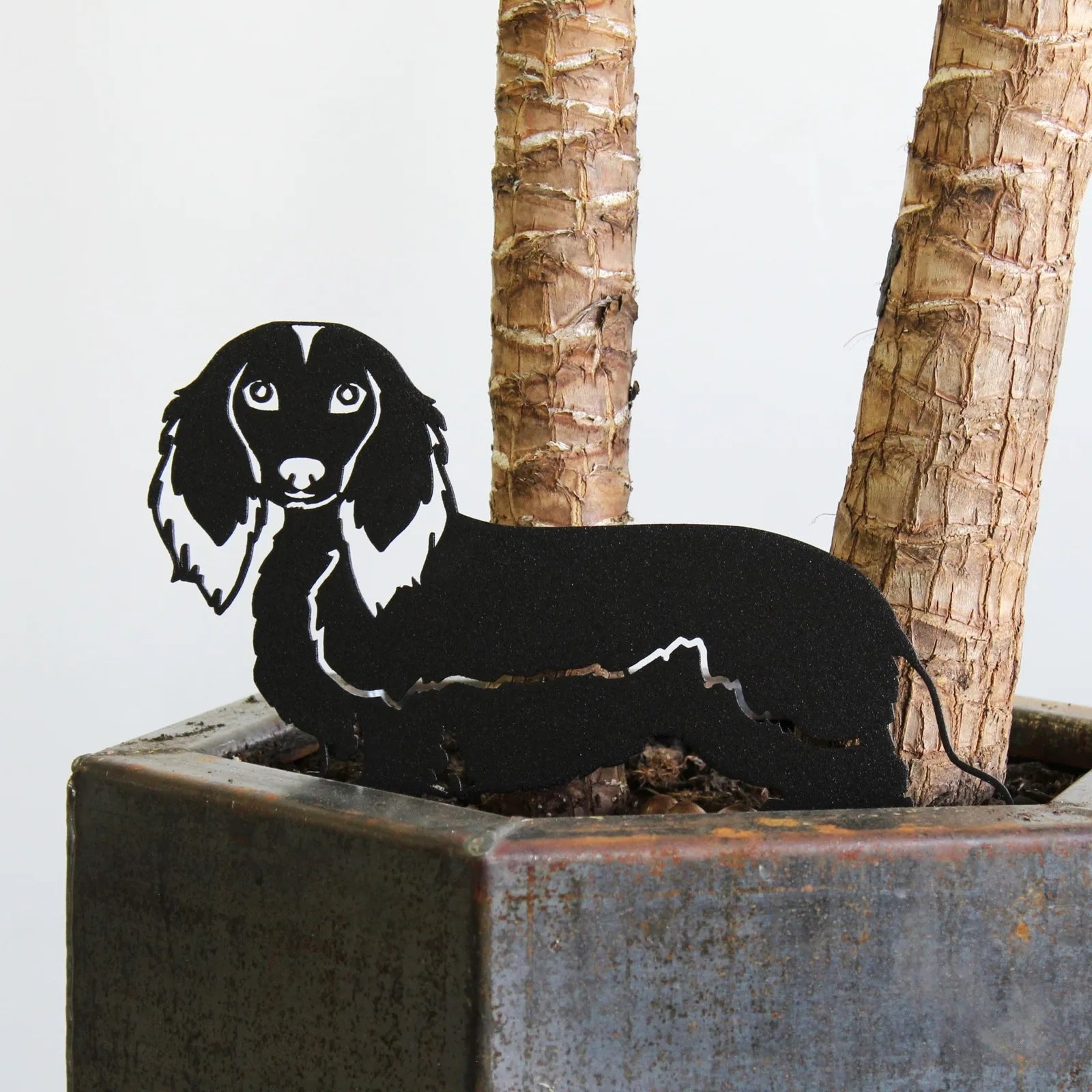 Black metal silhouette of a longhaired Dachshund beside a potted plant, showcasing its rustic design.