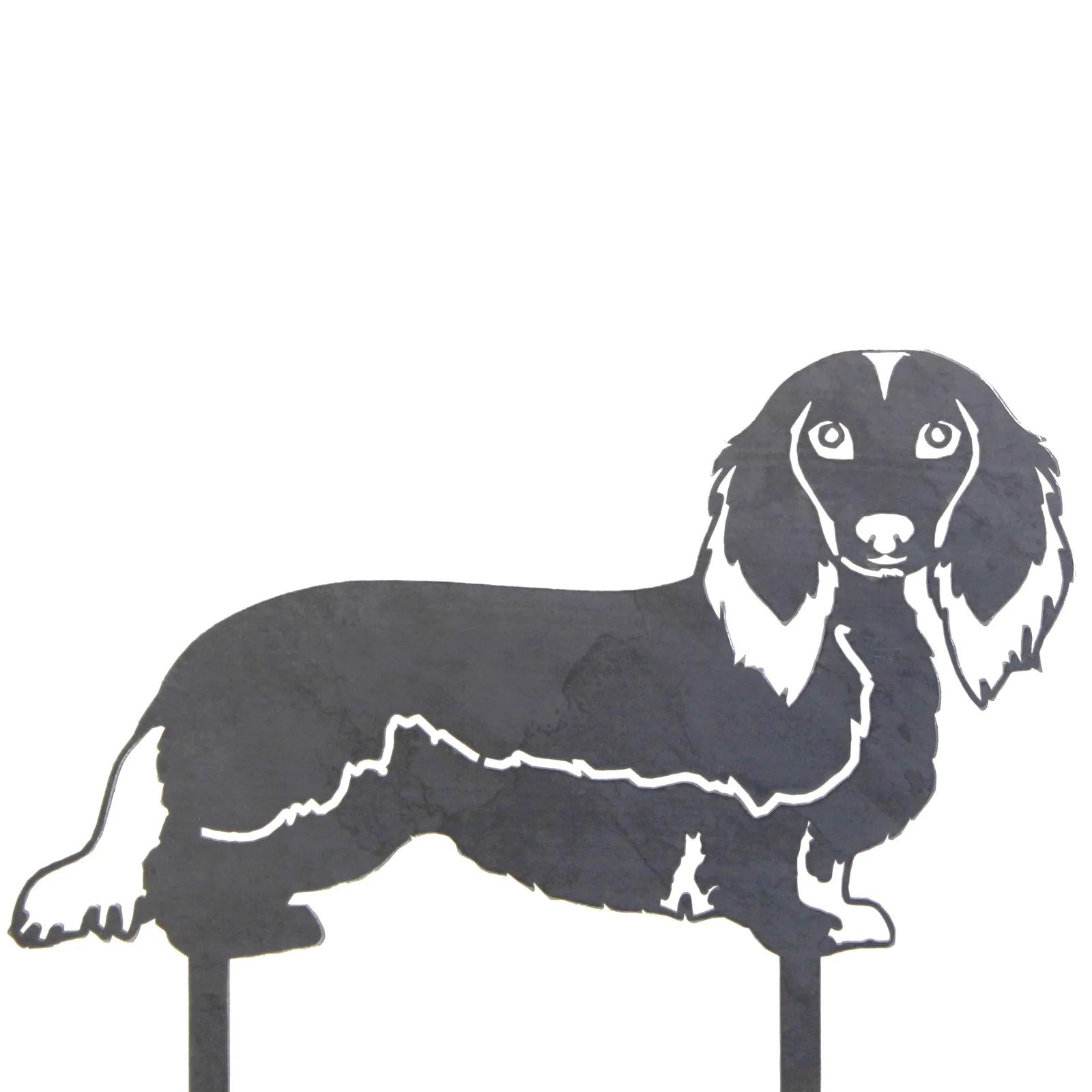 Handmade black metal silhouette of a longhaired Dachshund, perfect for outdoor decoration.