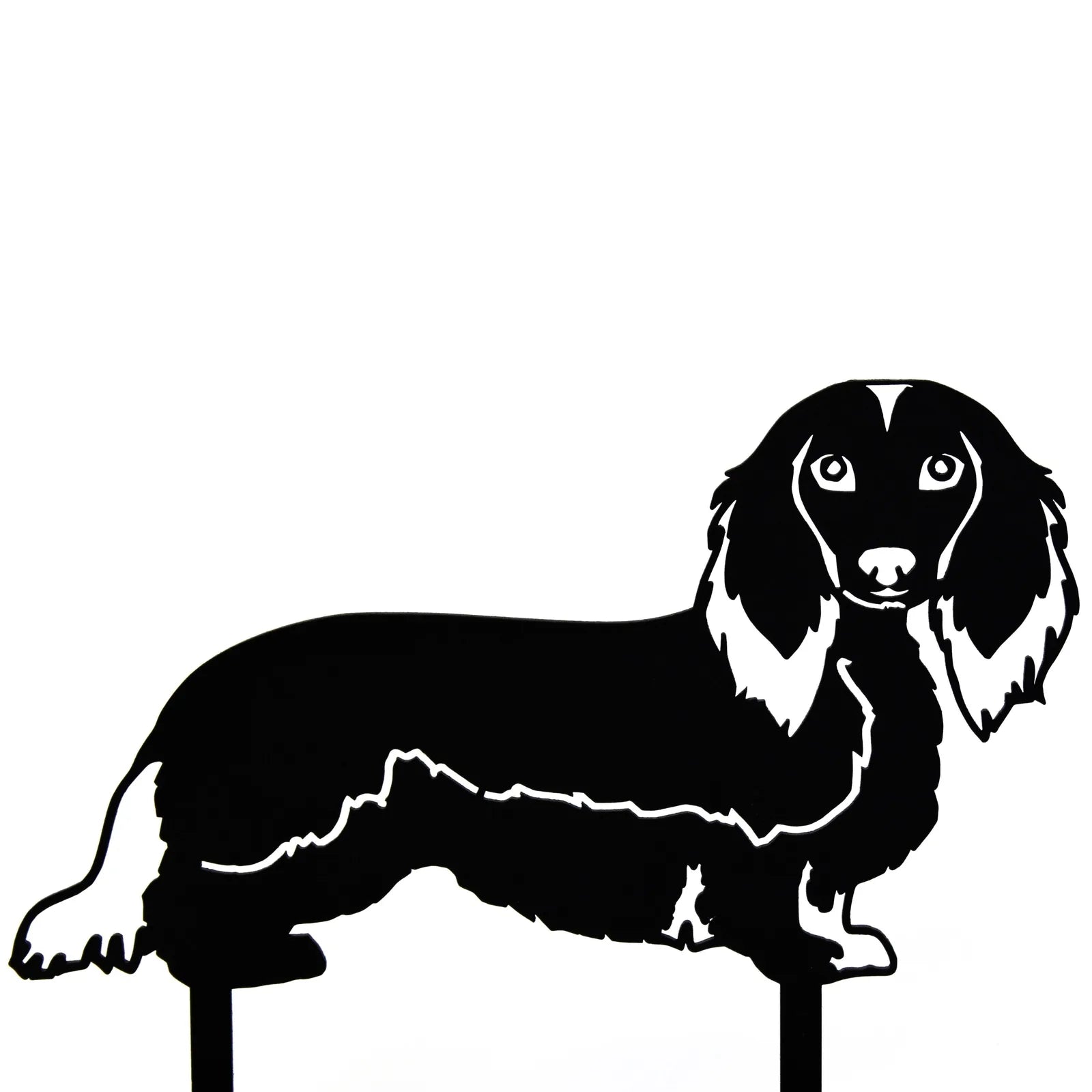 Black metal silhouette of a longhaired Dachshund with detailed features and a sturdy base for outdoor display.