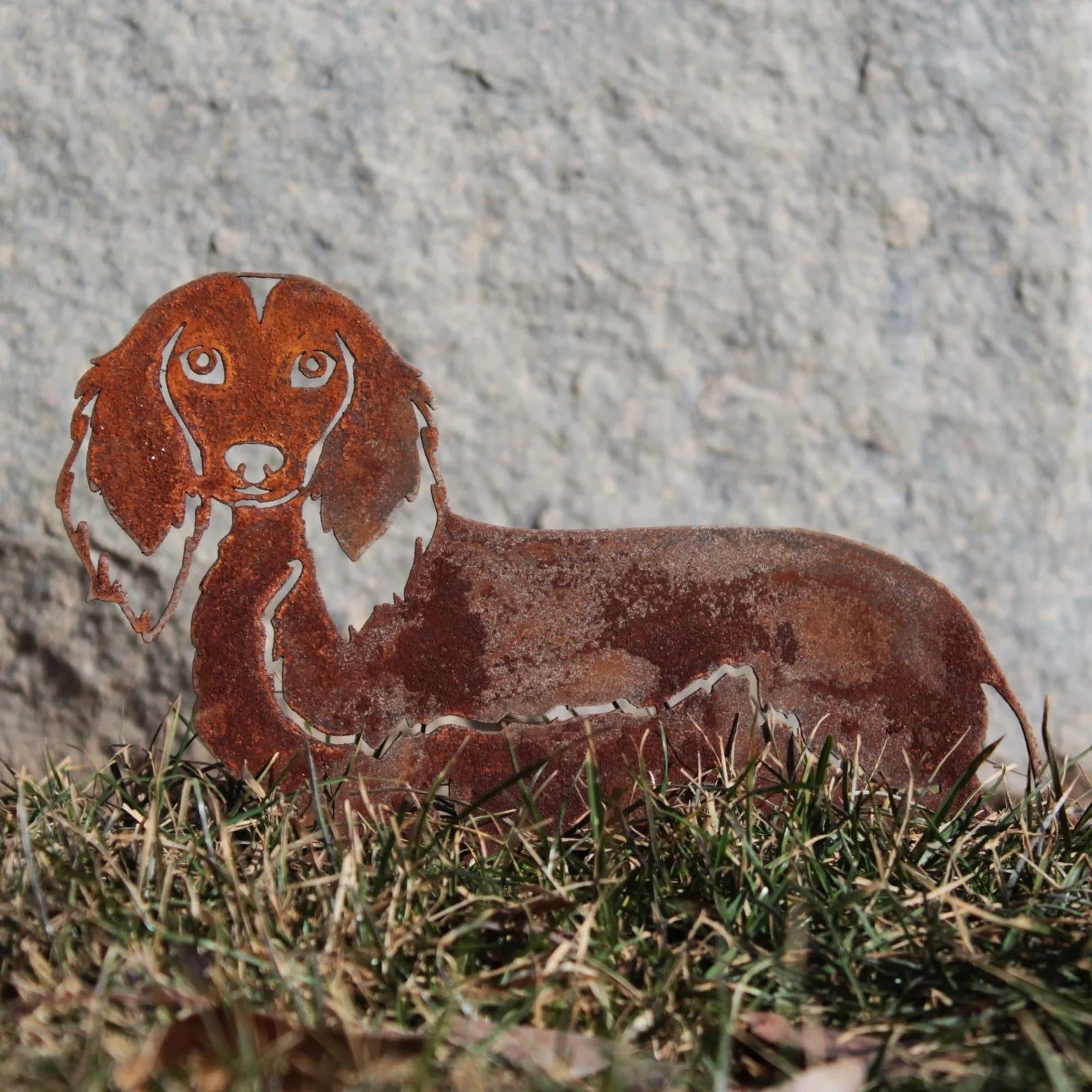 Rust-colored metal silhouette of a longhaired Dachshund in grass, showcasing a rustic design and handmade craftsmanship.