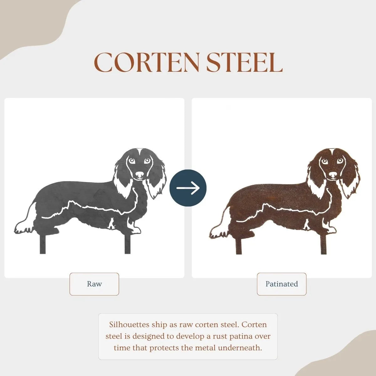 Longhaired Dachshund metal silhouette showing raw and patinated finishes in sturdy Corten steel design.