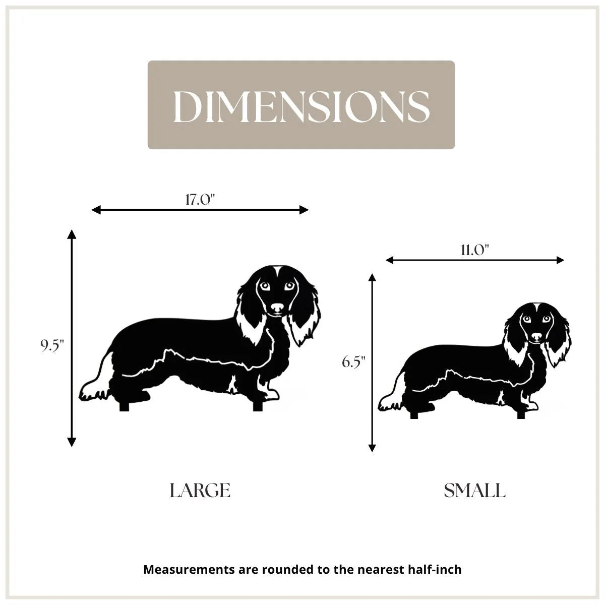 Dimensions of large and small longhaired Dachshund metal silhouettes, showcasing sizes 9.5" and 6.5".