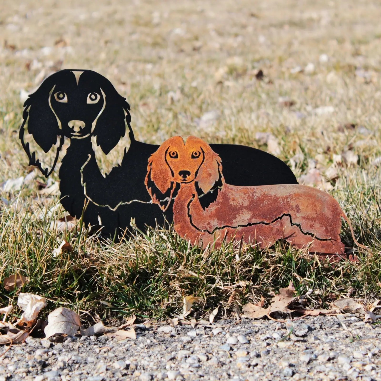 Longhaired Dachshund metal silhouettes in black and weathered steel, showcasing rustic charm in a grassy outdoor setting.