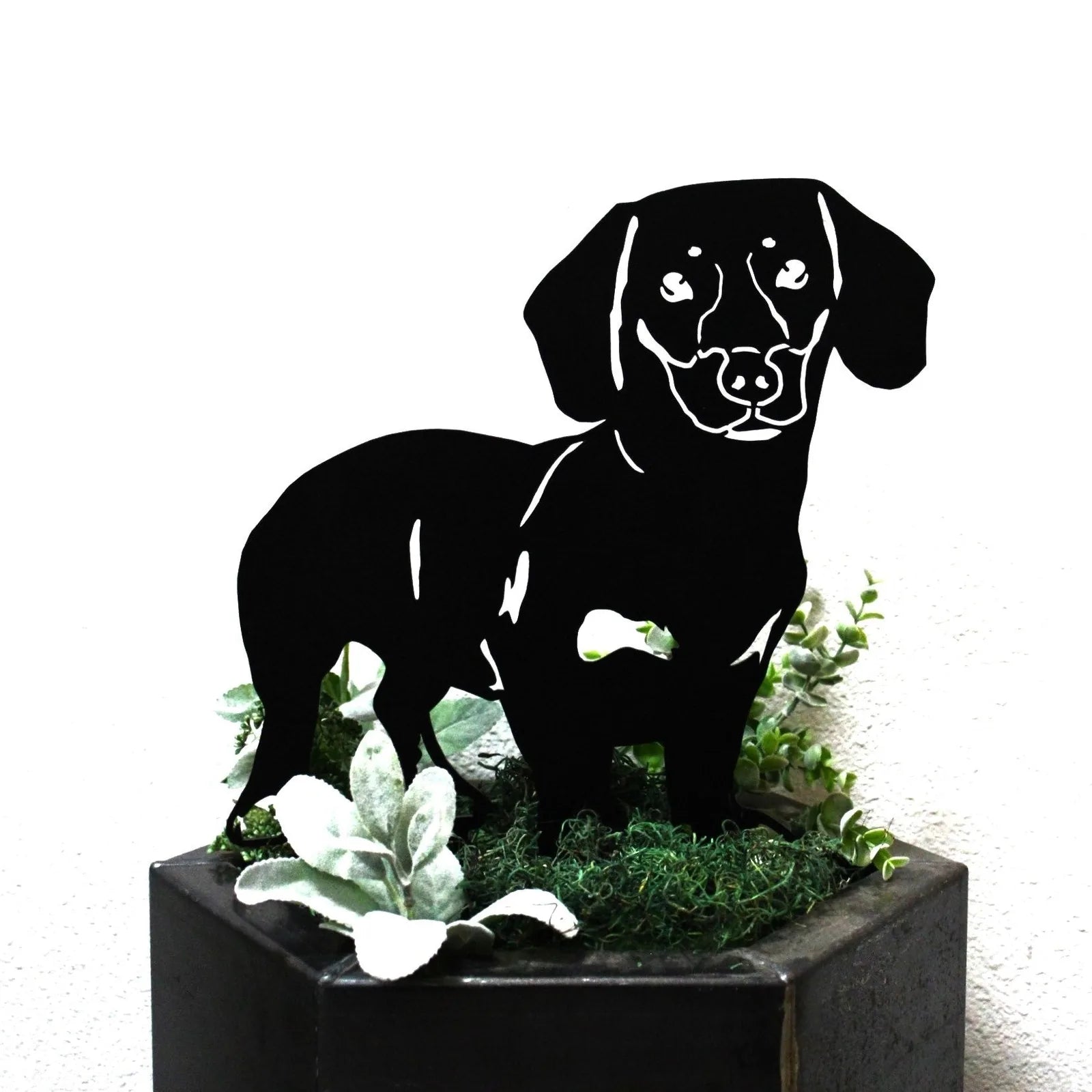 Black metal silhouette of a Dachshund standing among greenery in a decorative planter.