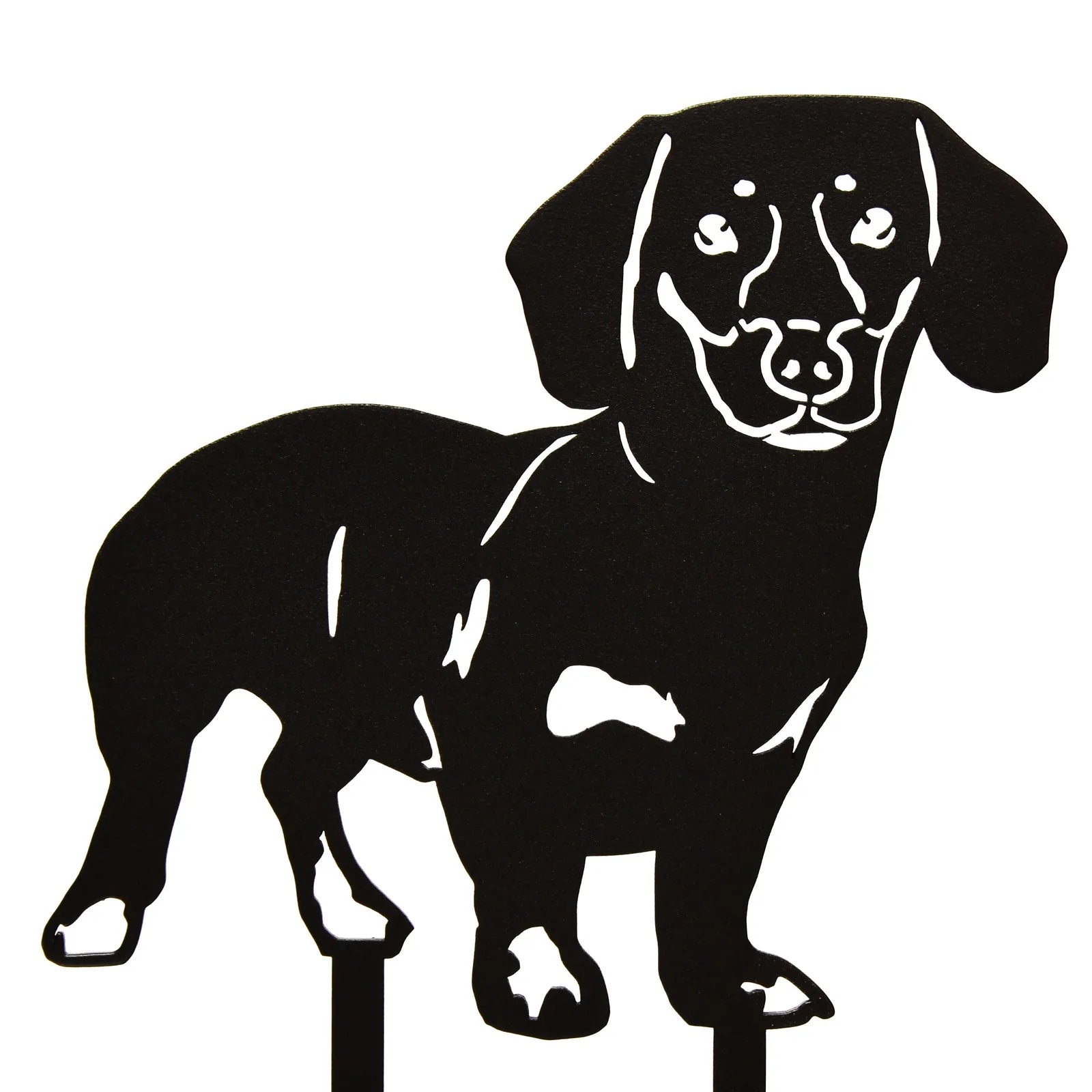 Black metal silhouette of a shorthaired Dachshund, ideal for outdoor decor and showcasing dog breed love.